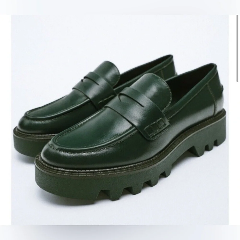 ZARA loafers shoes platform dark green in size 37